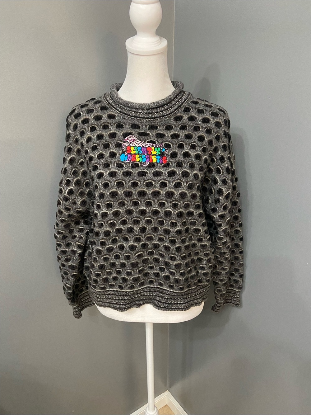 Textured Bubble Knit Sweater Wool Mohair Blend Gray Black XL 1980s-90s Kitchy